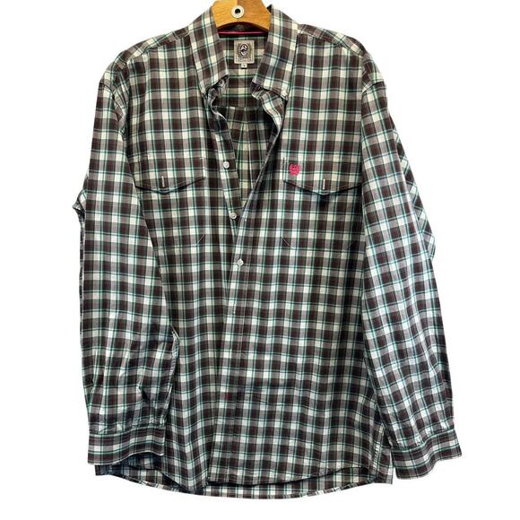 Cinch Other - Cinch Men Long Sleeve Button Down USA Cotton Plaid Size L Western EUC Brown Gr.